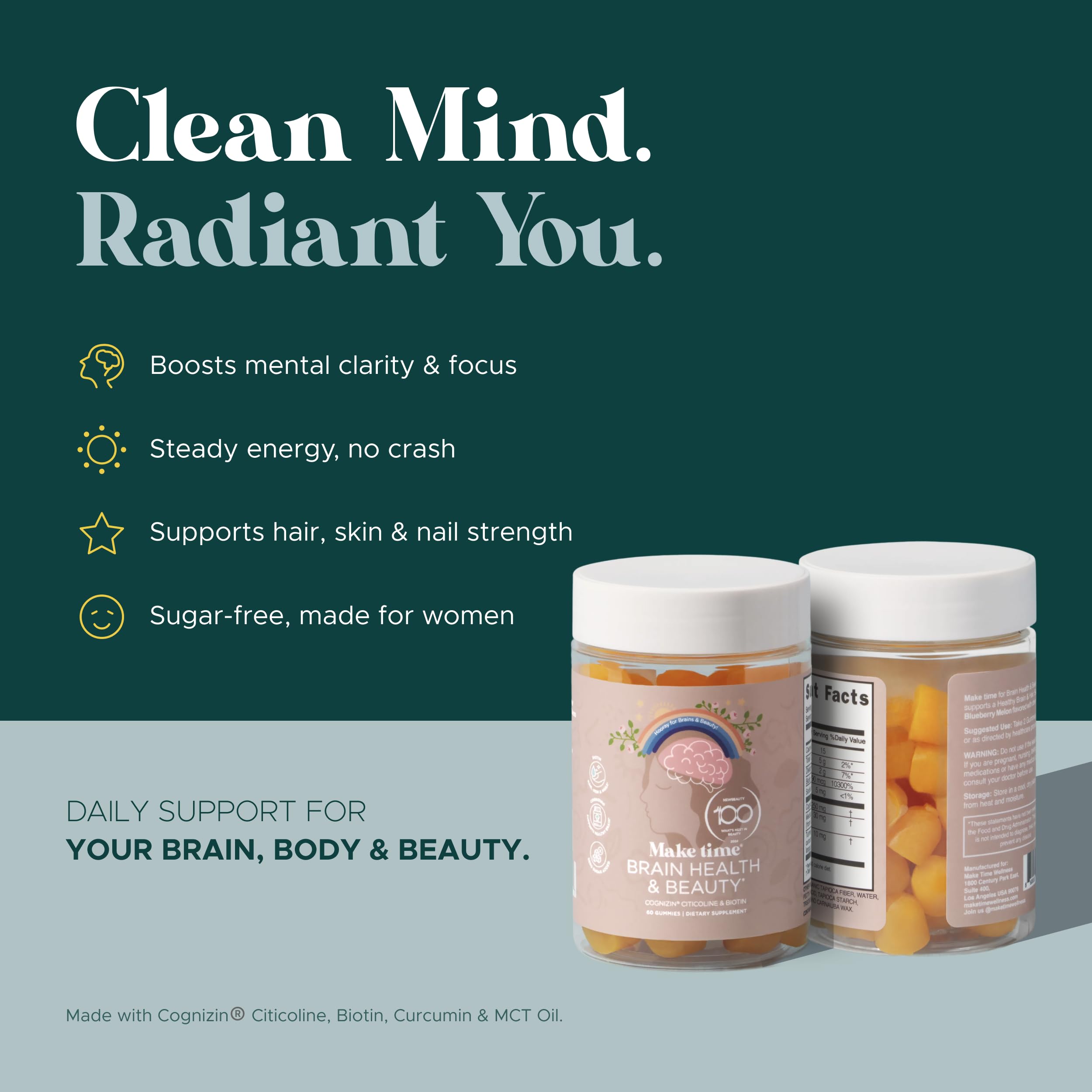 MAKE TIME Brain and Beauty Gummies promote daily clarity for busy days.