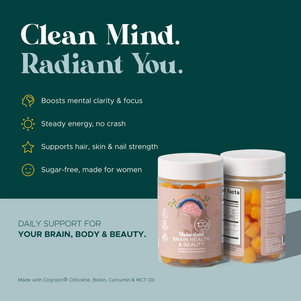 MAKE TIME Brain and Beauty Gummies promote daily clarity for busy days.