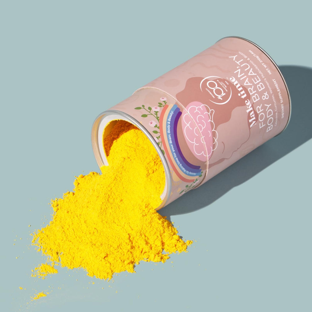 MAKE TIME Brain Health Powder on a desk suggesting a daily ritual.