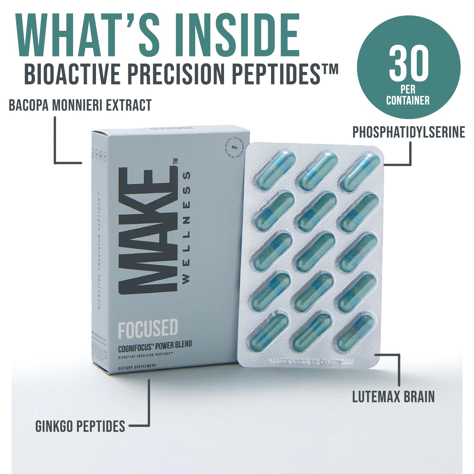 Make Wellness capsules closeup highlighting Bacopa and Ginkgo benefits.
