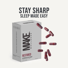 Make Wellness Restored bottle closeup highlights smooth capsules and premium packaging.