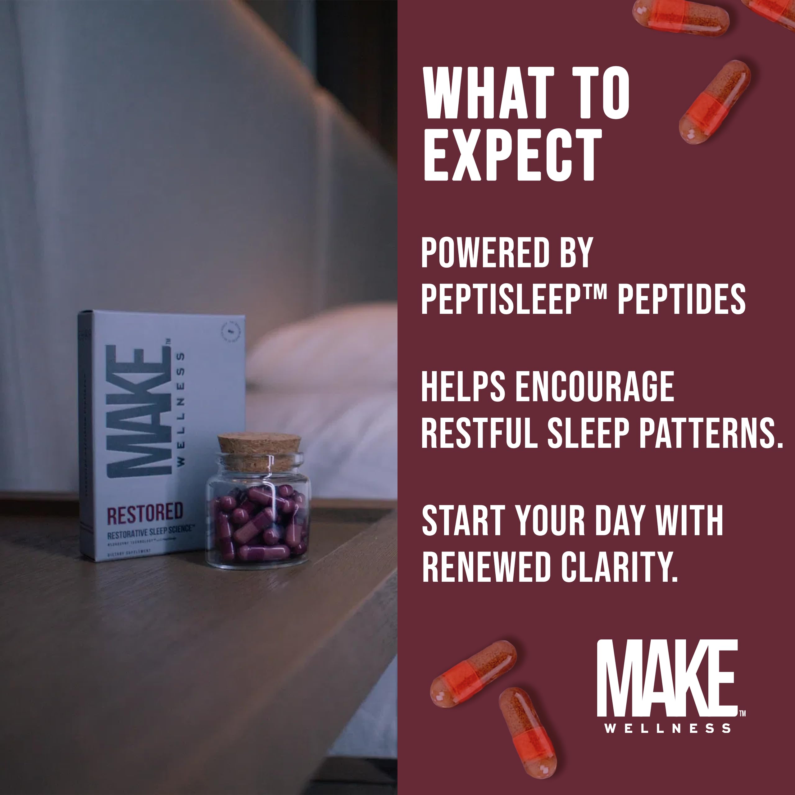 Make Wellness Restored capsules in hand illustrate simple daily use.