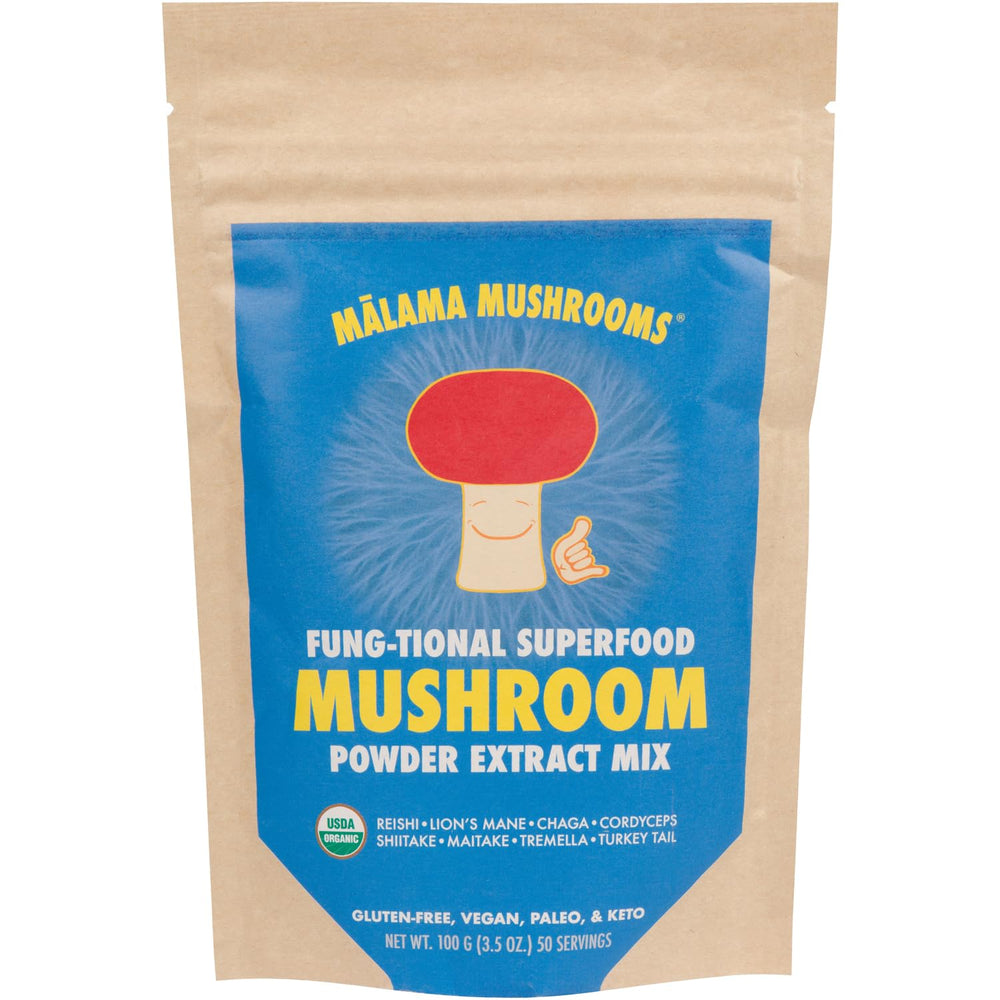 Malama 8-Mushroom powder bottle, premium organic blend for daily energy.