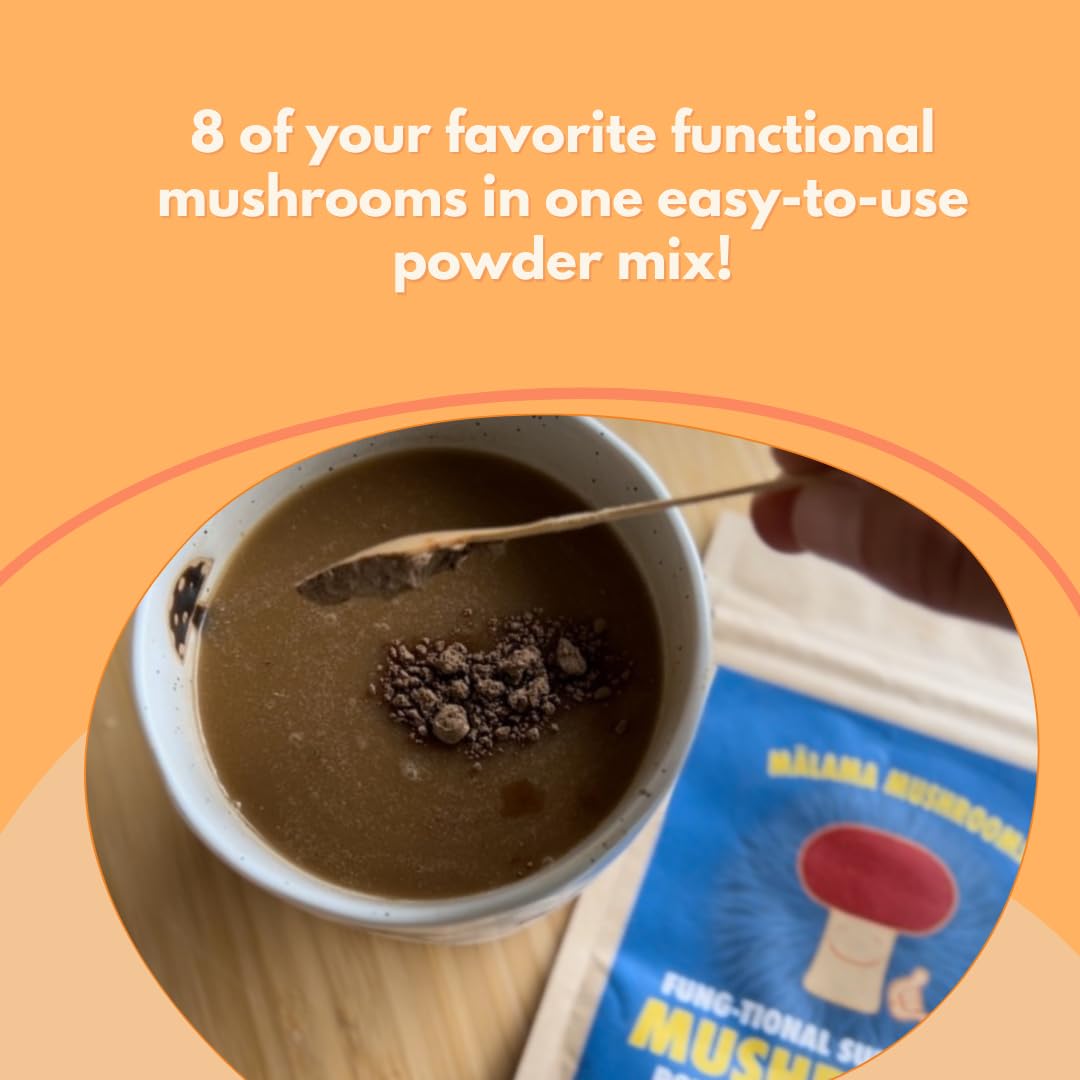 Malama 8-Mushroom powder label highlights eight mushrooms.