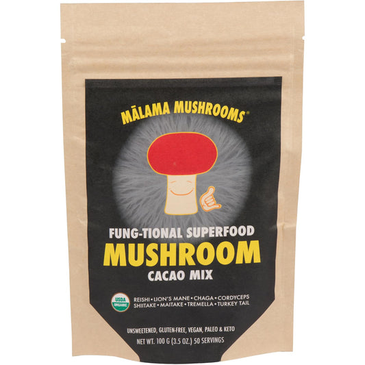 Malama Mushrooms 8-Mushroom Hot Cacao Mix bottle for daily focus support