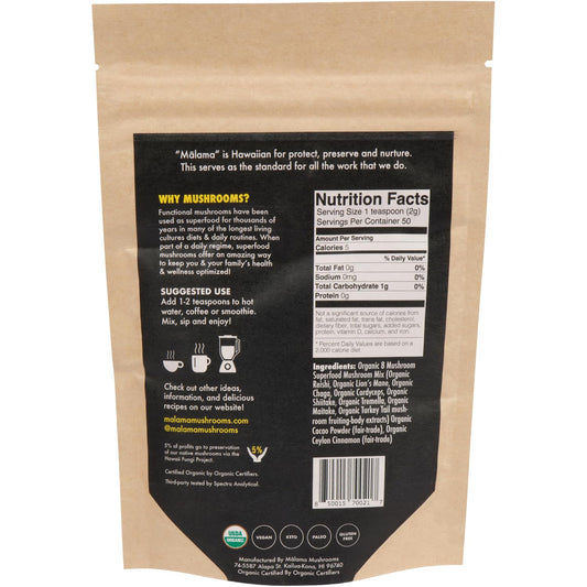 Malama Mushrooms 8-Mushroom Hot Cacao Mix scoop ready to mix