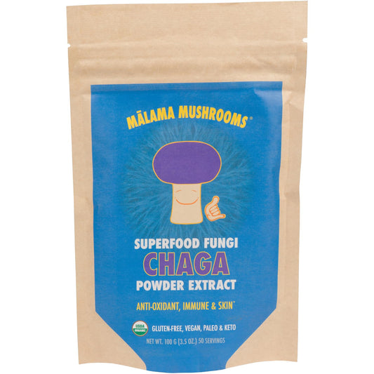 Malama Mushrooms Chaga extract powder in tin supports immune wellness potential.