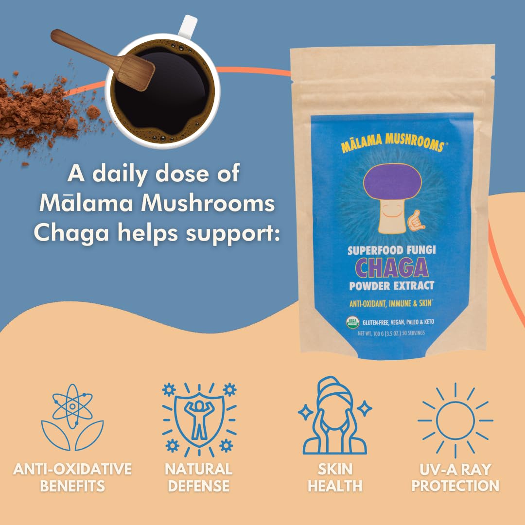 Malama Chaga powder bottle and label highlighting organic fruiting body origin.