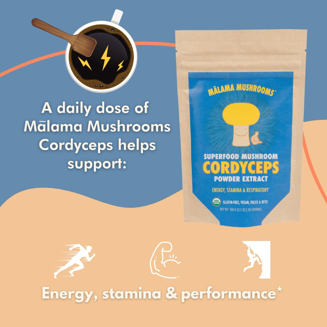MALAMA MUSHROOMS Cordyceps powder swirled into a hot cup