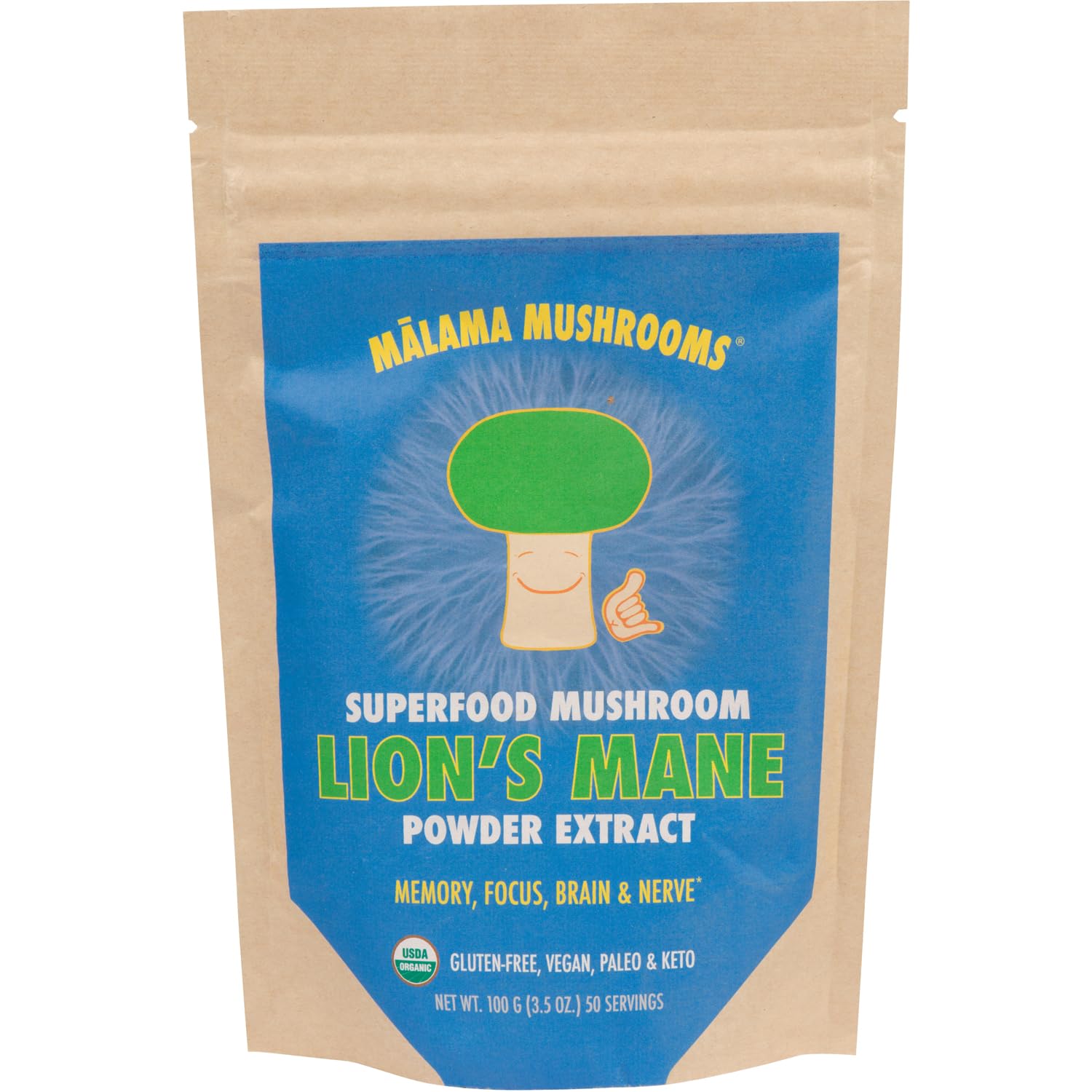 Malama Mushrooms Lion's Mane extract powder jar for daily focus