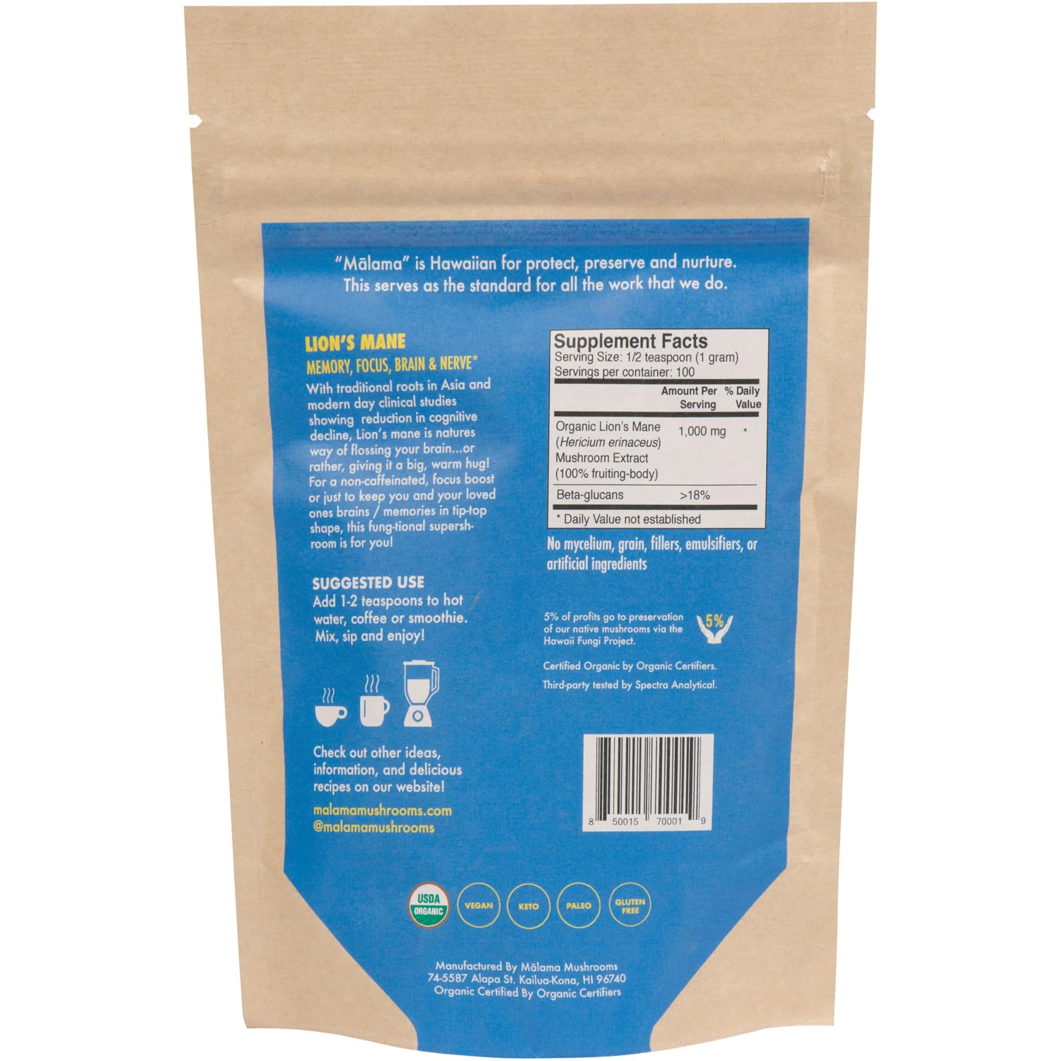Malama Mushrooms Lion's Mane powder scoop showing convenient serving size