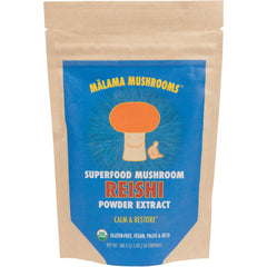Malama Mushrooms Reishi powder jar highlights organic fruiting bodies for convenient daily wellness rituals.