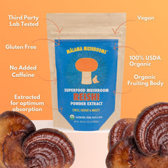 Malama Mushrooms Reishi powder label communicates organic fruiting bodies and quality.