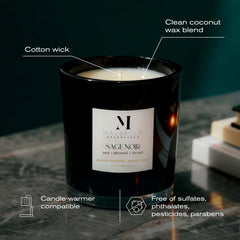 Sage Noire candle burn close-up highlighting clean, soot-free fragrance release.