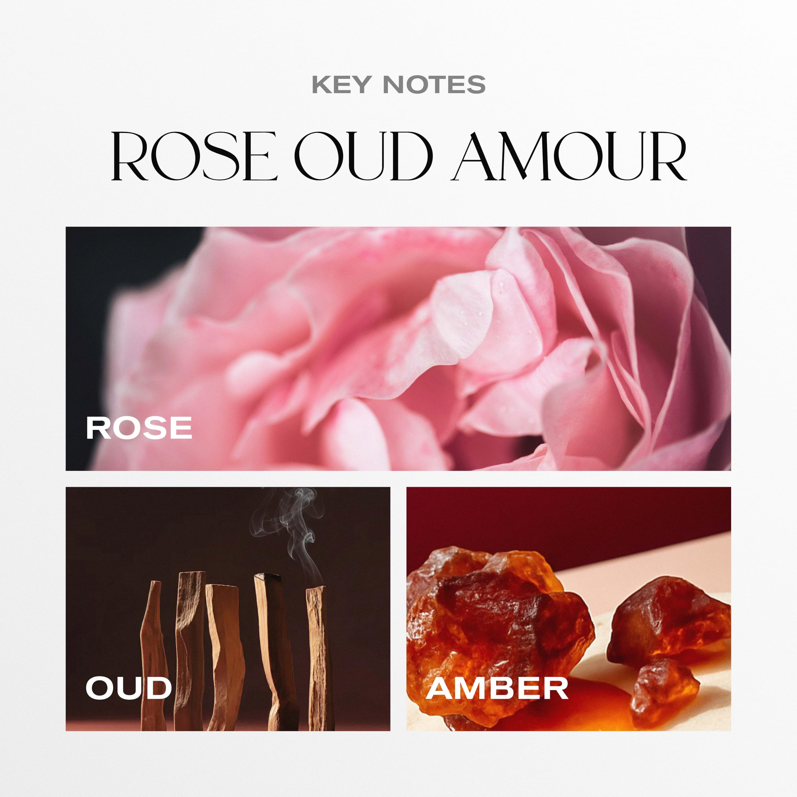 Malbella Essentials Rose Oud Amour candle with coconut wax blend provides clean, even burn.