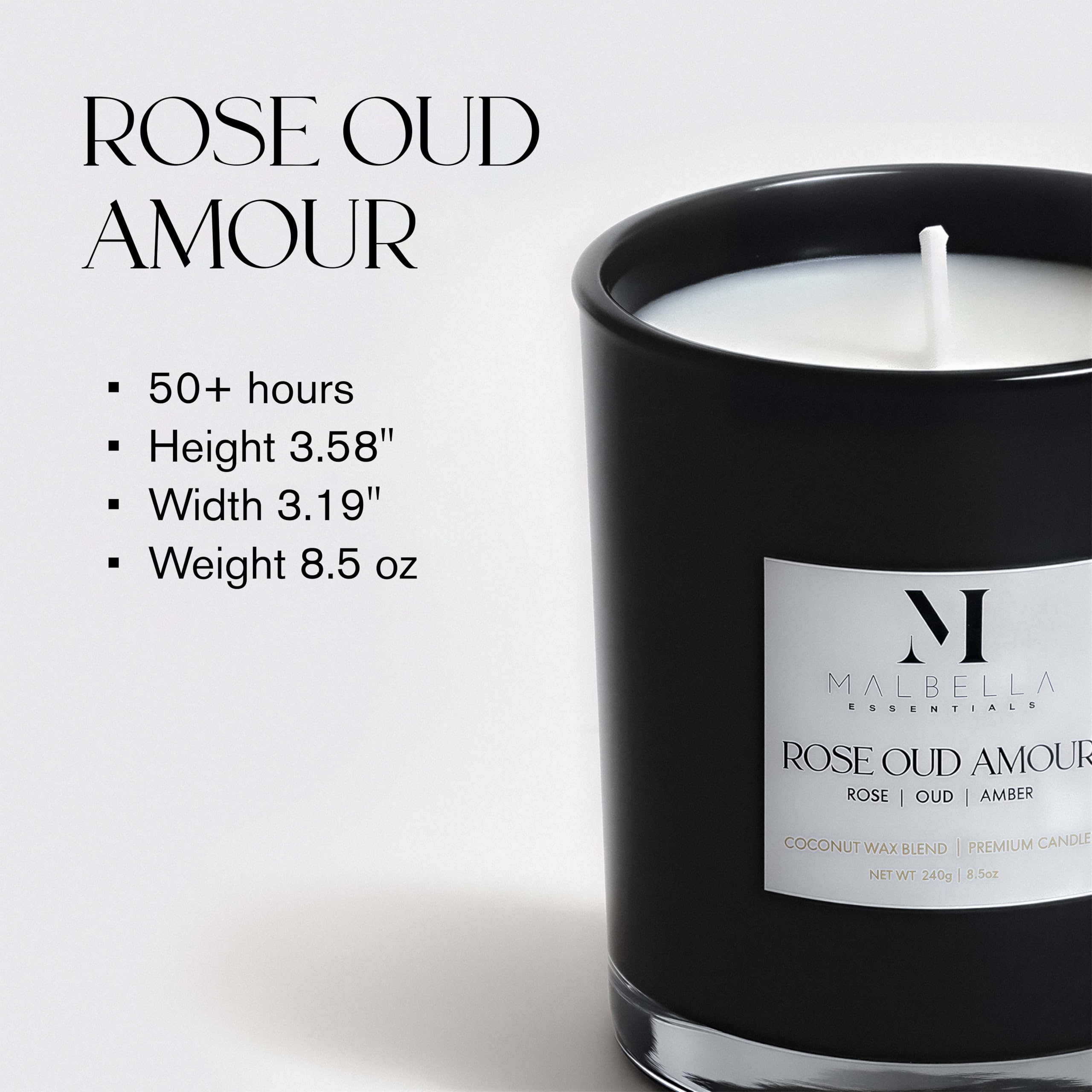Malbella Essentials Rose Oud Amour candle with saffron-amber notes for cozy evenings.