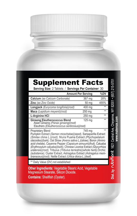 MaleMax bottle label close-up highlighting dosage guidance