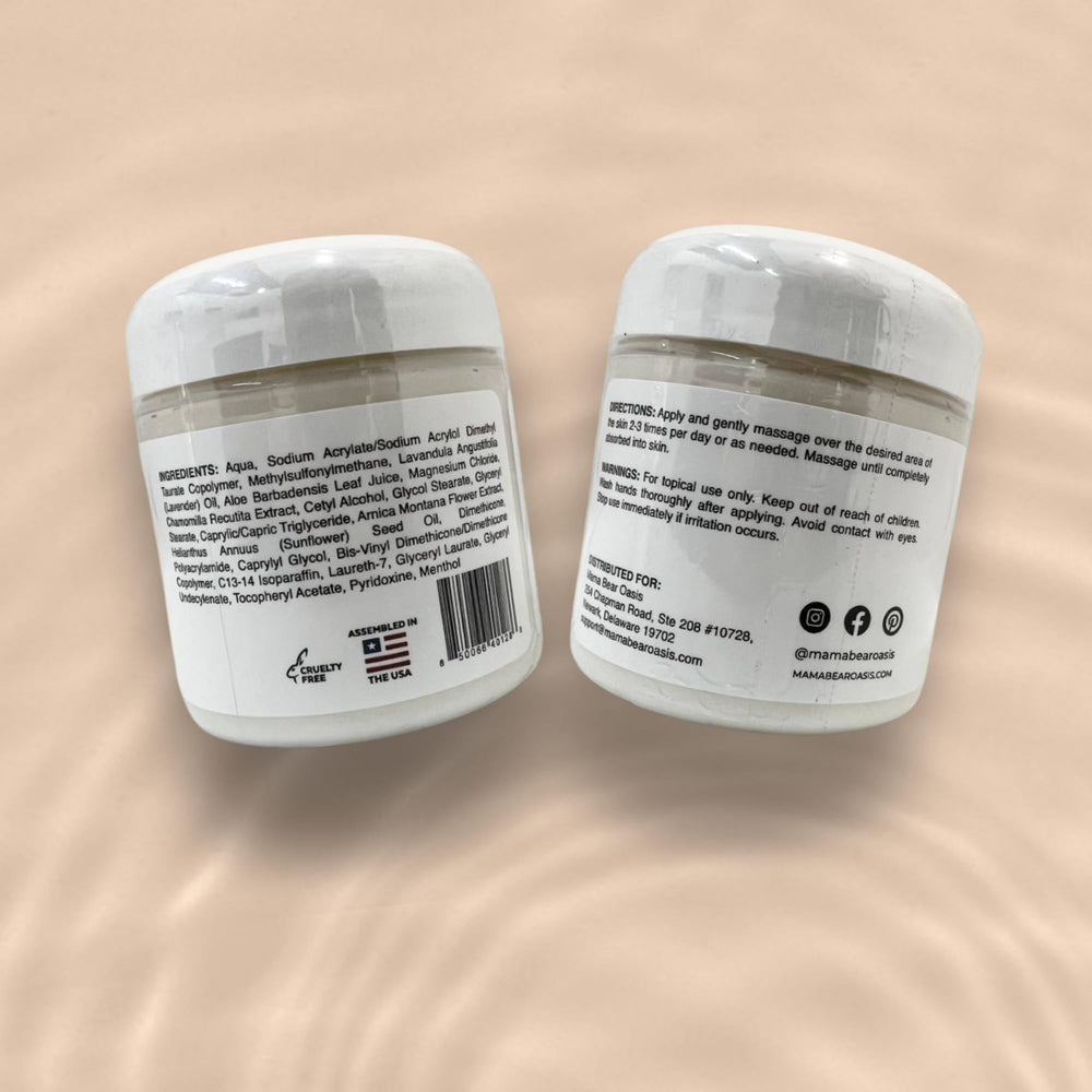 Mama Bear Oasis arnica blend cream application on leg or arm after activity