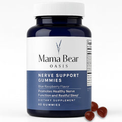 Mama Bear Oasis Nerve Support Gummies bottle-front view highlighting the product packaging.