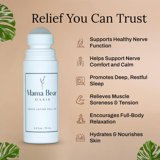 Mama Bear Oasis roll-on nerve support application on arm shows easy use