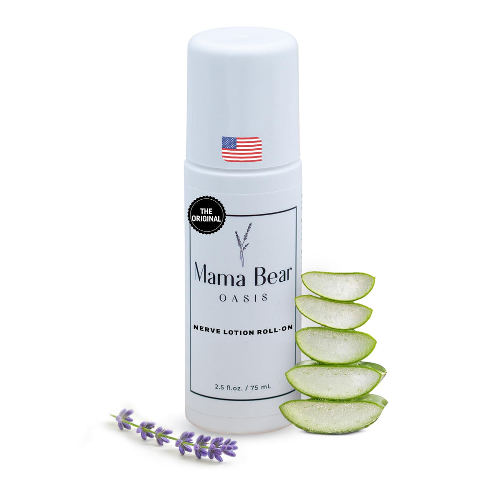 Mama Bear Oasis roll-on nerve support bottle closeup for targeted, mess-free relief