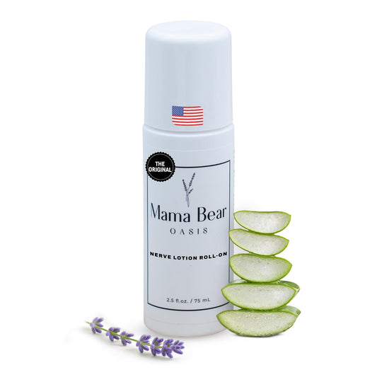 Mama Bear Oasis roll-on nerve support bottle closeup for targeted, mess-free relief