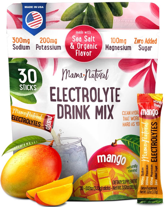 Mama Natural Electrolytes box shown for quick, caffeine-free hydration on the go.