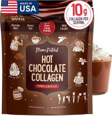 Mama Natural hot chocolate multi collagen powder jar with grass-fed beef and fish sources.