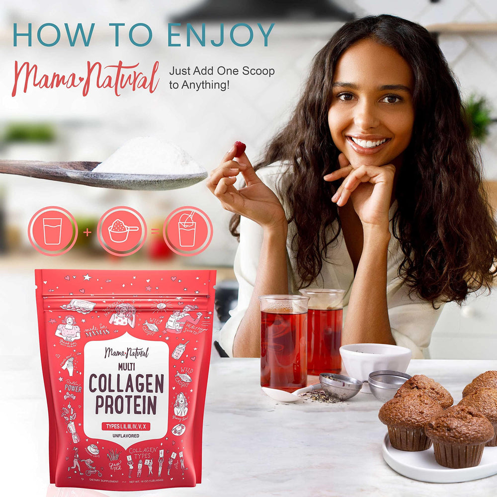 Pouring Mama Natural Collagen into a glass for easy daily consumption.