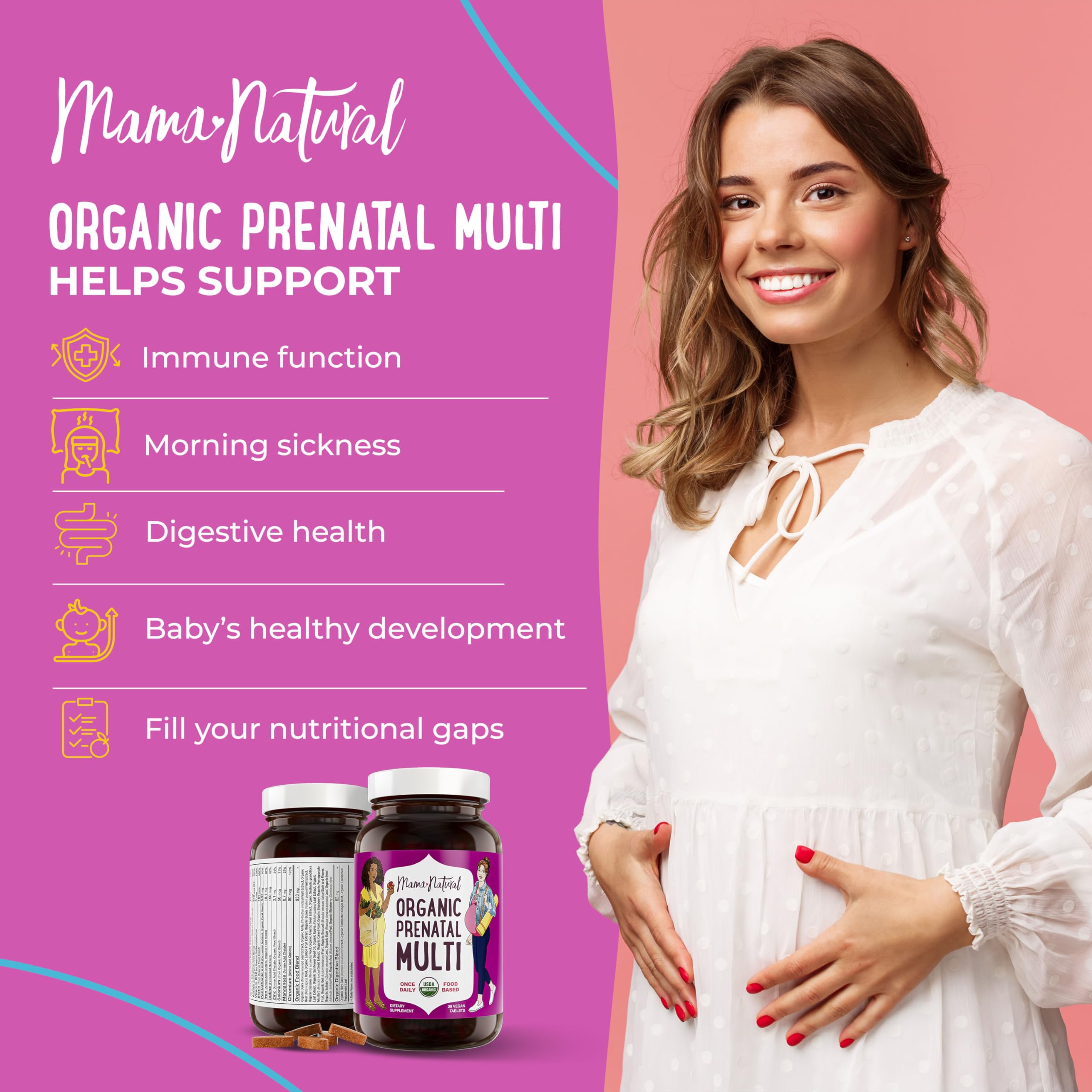 Mama Natural prenatal bottle back label highlights vegan, non-GMO ingredients for clean nutrition.