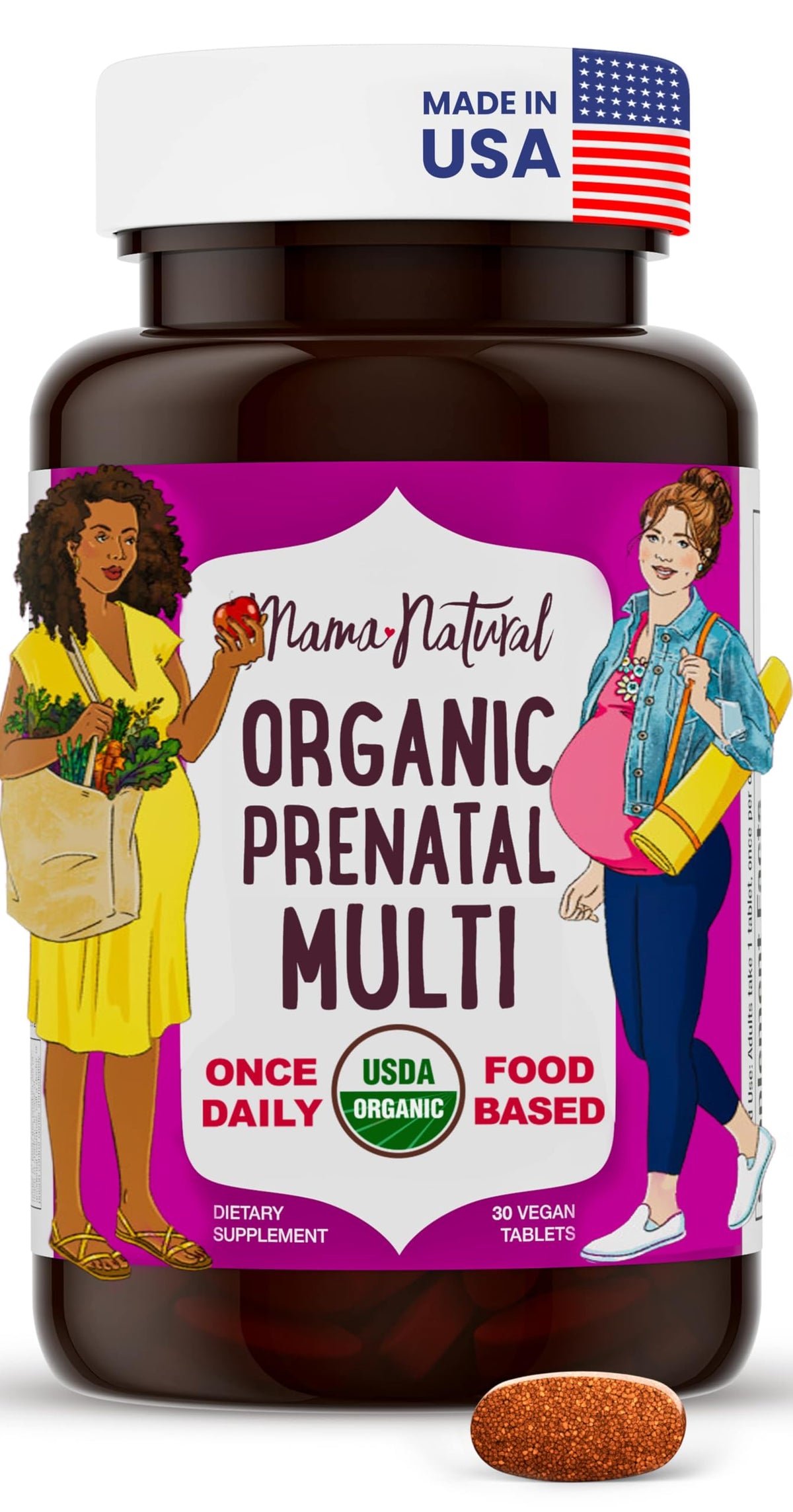 Mama Natural prenatal bottle front with one-a-day organic formula for expectant moms.