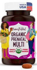 Mama Natural prenatal bottle front with one-a-day organic formula for expectant moms.