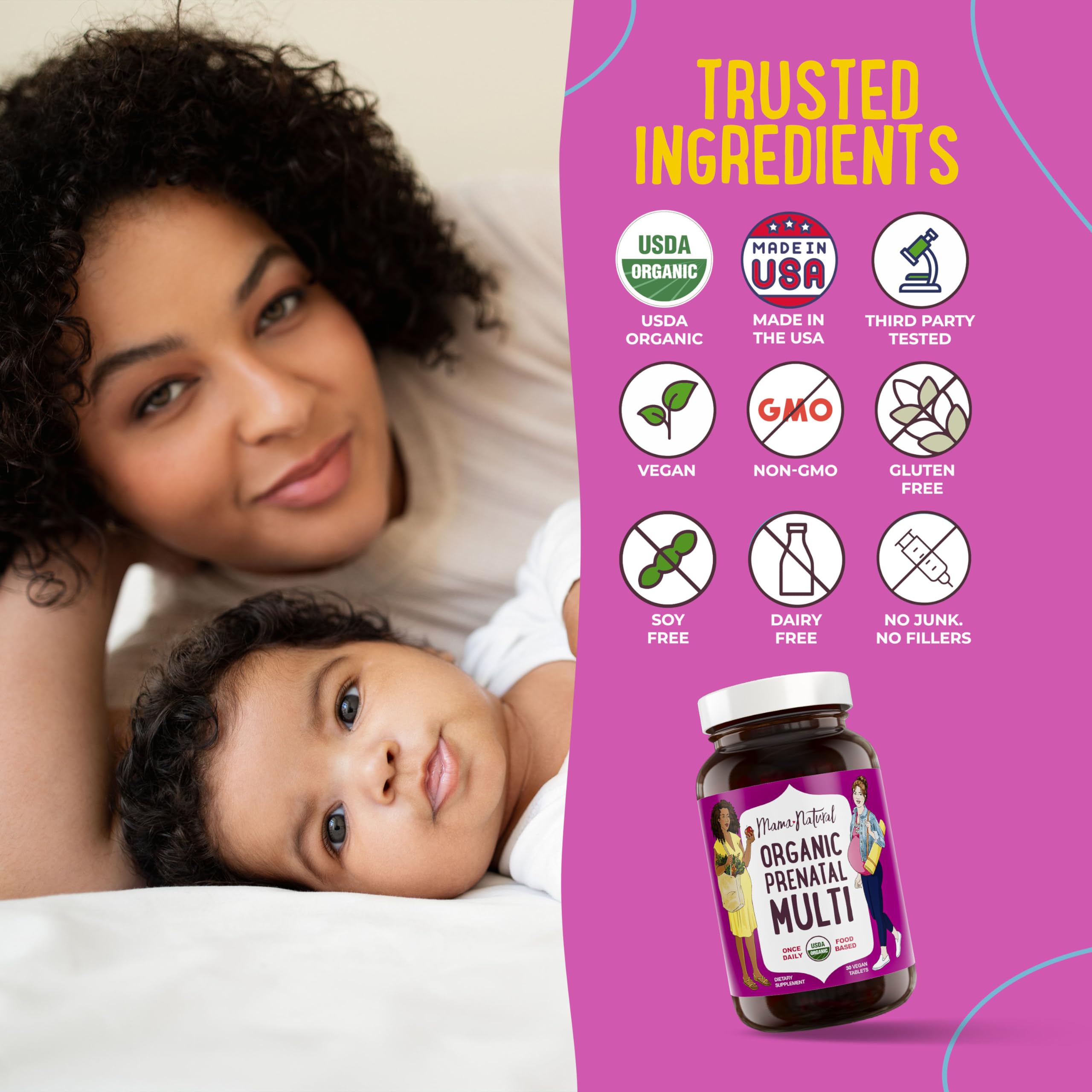 Mama Natural prenatal dairy-free icon on bottle highlights allergen-free option.