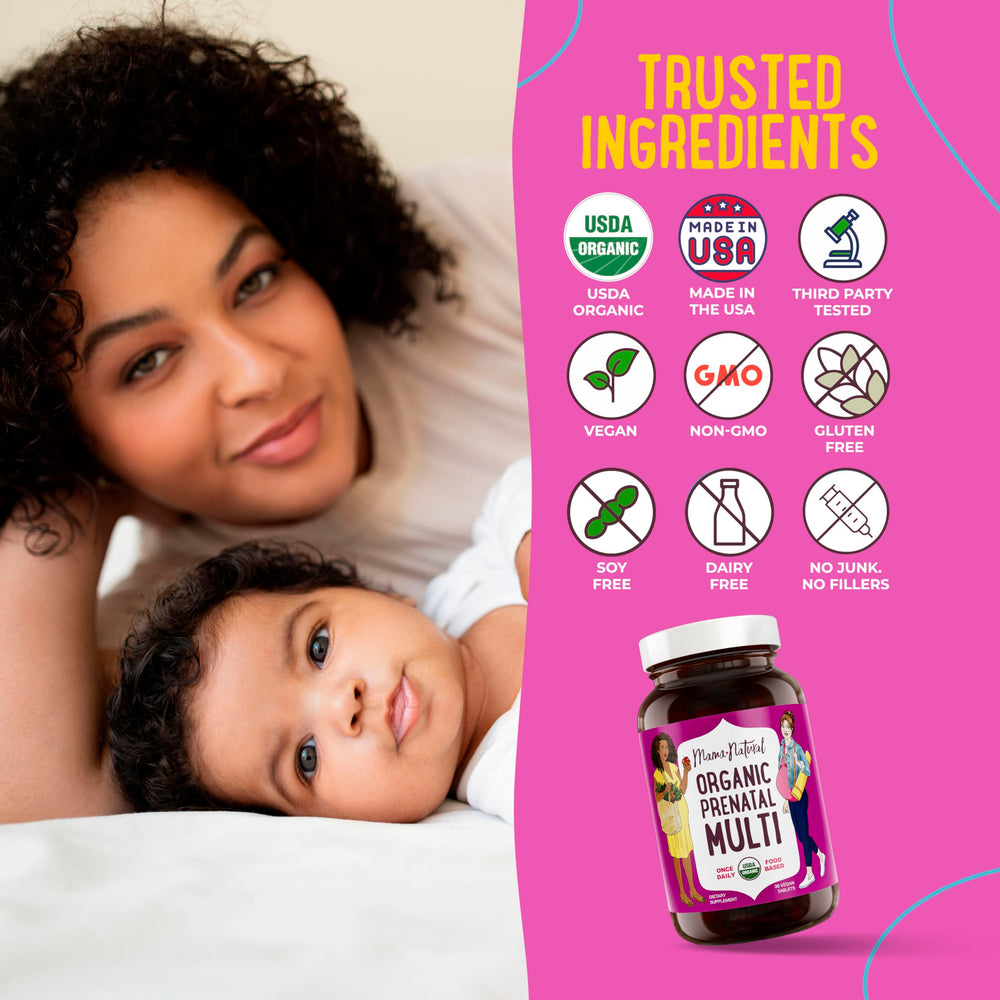 Mama Natural prenatal dairy-free icon on bottle highlights allergen-free option.