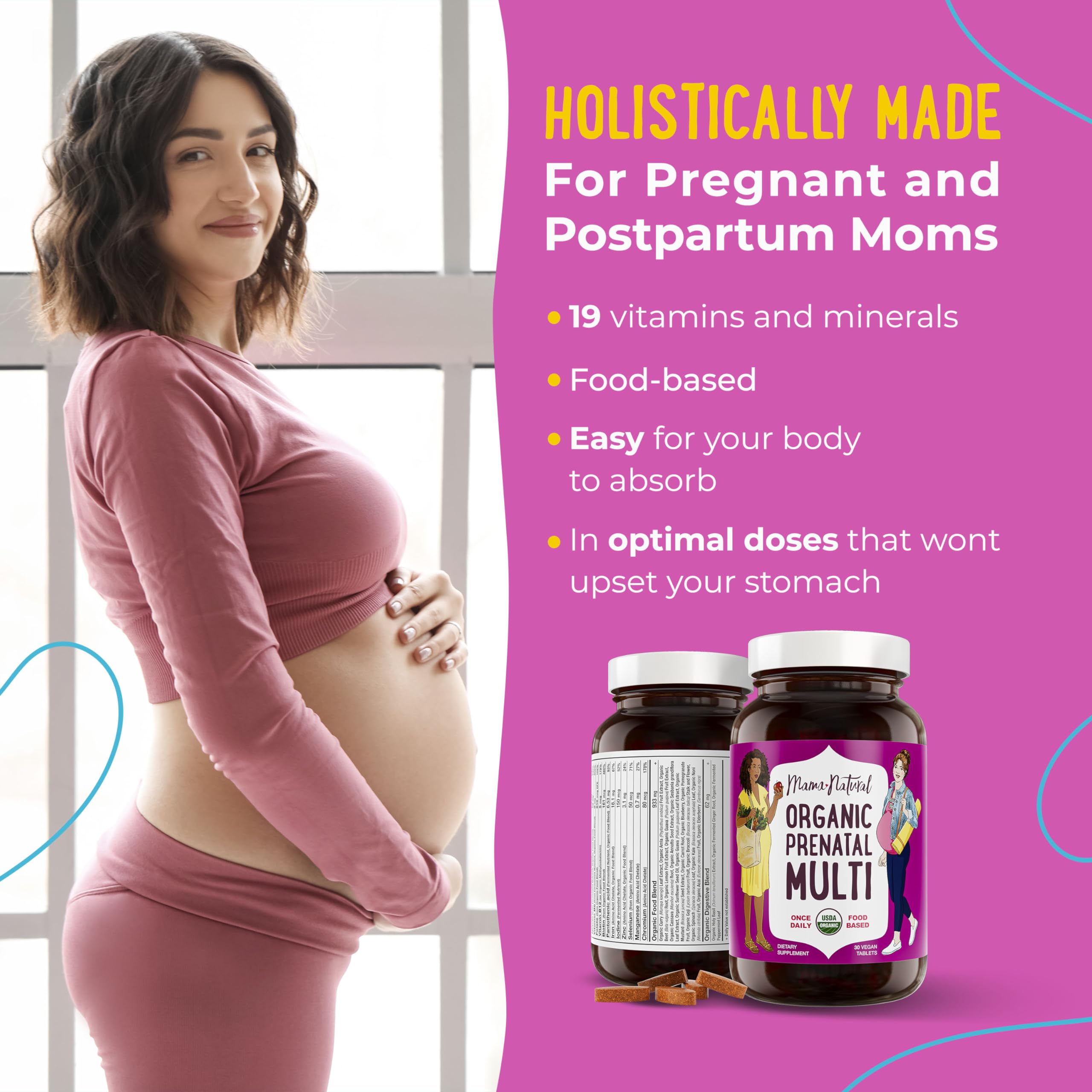 Mama Natural prenatal ingredients blend image featuring organic herbs and fruits for digestion-friendly nutrition.