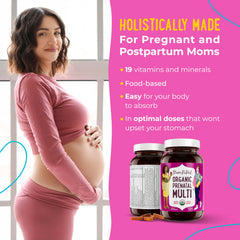 Mama Natural prenatal ingredients blend image featuring organic herbs and fruits for digestion-friendly nutrition.