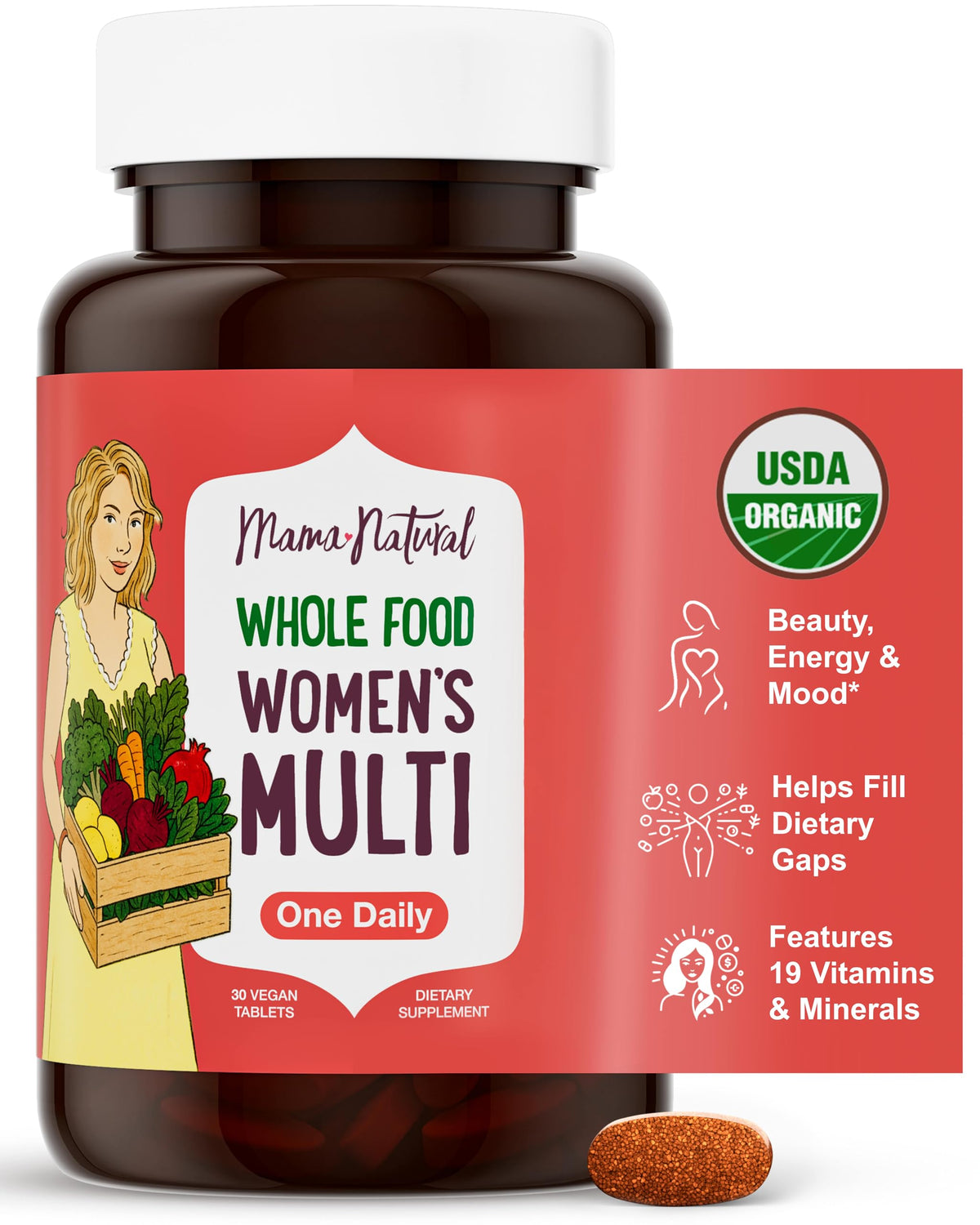 Mama Natural Organic Women's Multivitamin bottle front for a convenient daily wellness routine.