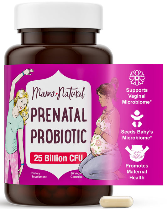 Mama Natural Prenatal Probiotics bottle front for daily gut and immune support