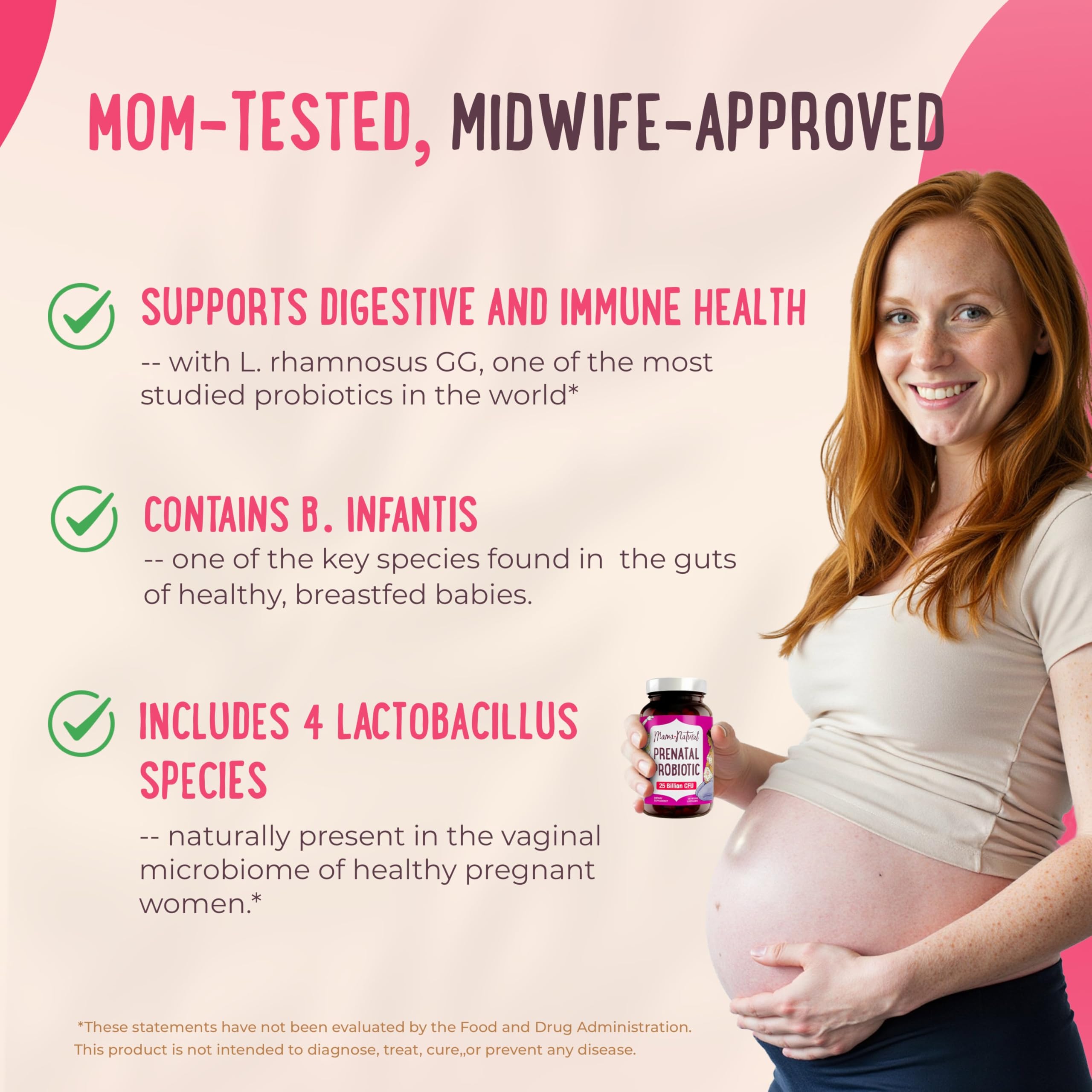 Mama Natural Prenatal Probiotics capsules closeup showing 25 Billion CFU and 12 strains