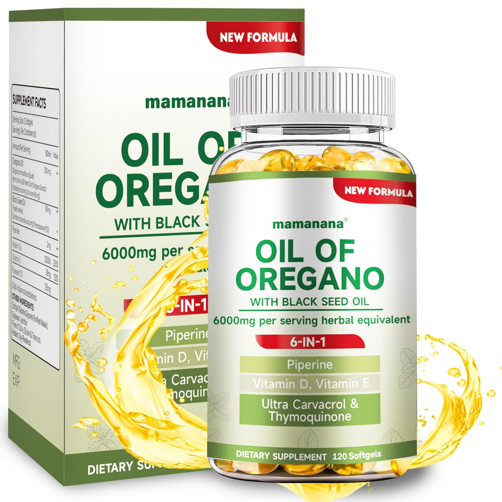 Mamanana oregano oil capsules bottle front for daily immune support.