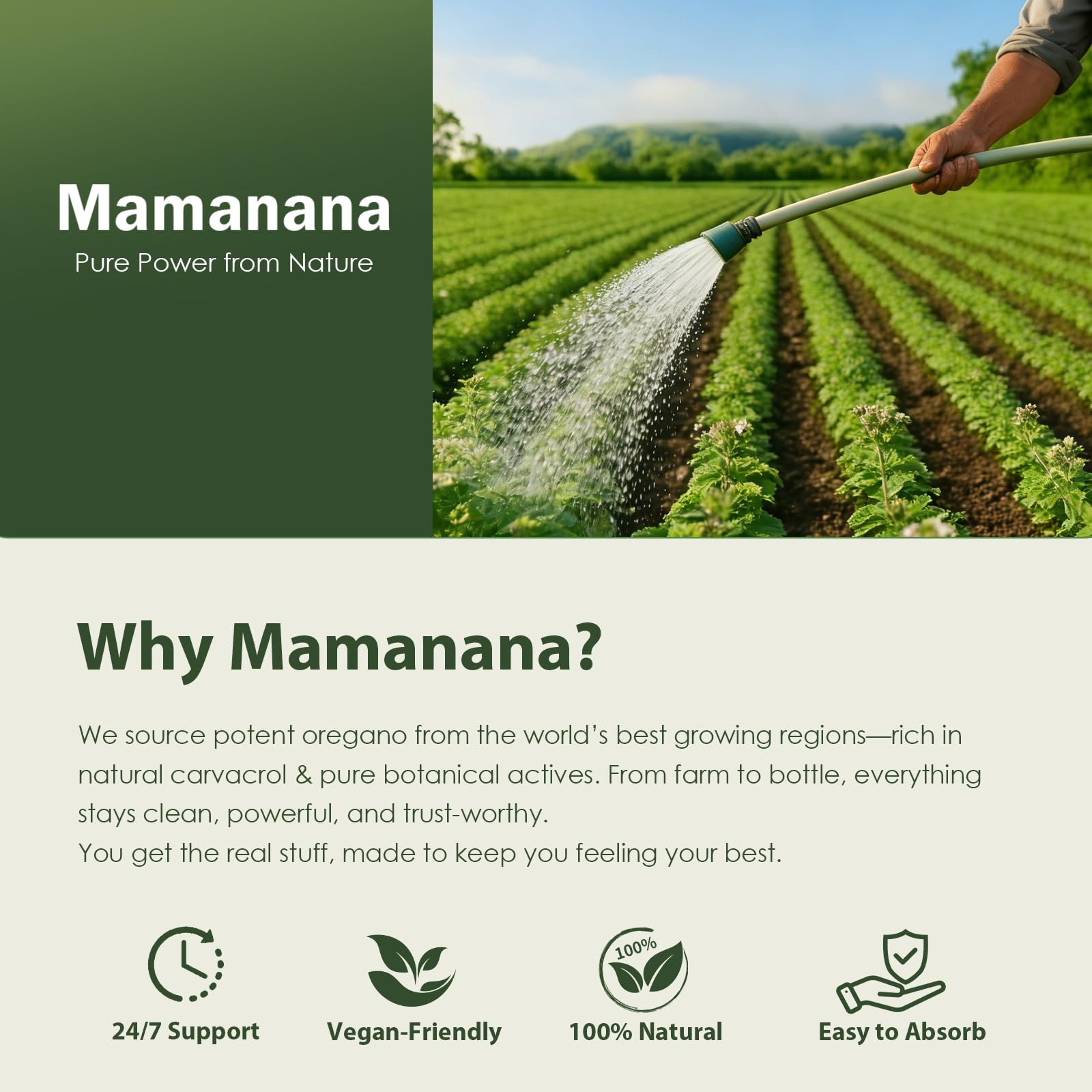 Mamanana vegan non-GMO capsules with gluten-free claim graphic.