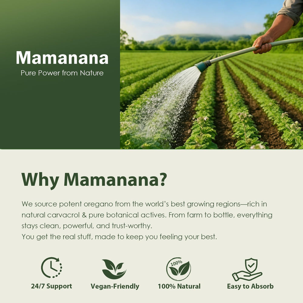 Mamanana vegan non-GMO capsules with gluten-free claim graphic.