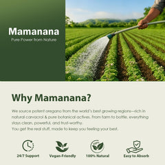 Mamanana vegan non-GMO capsules with gluten-free claim graphic.