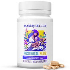 Mama's Select Postnatal Vitamins bottle close-up highlighting hair recovery support.