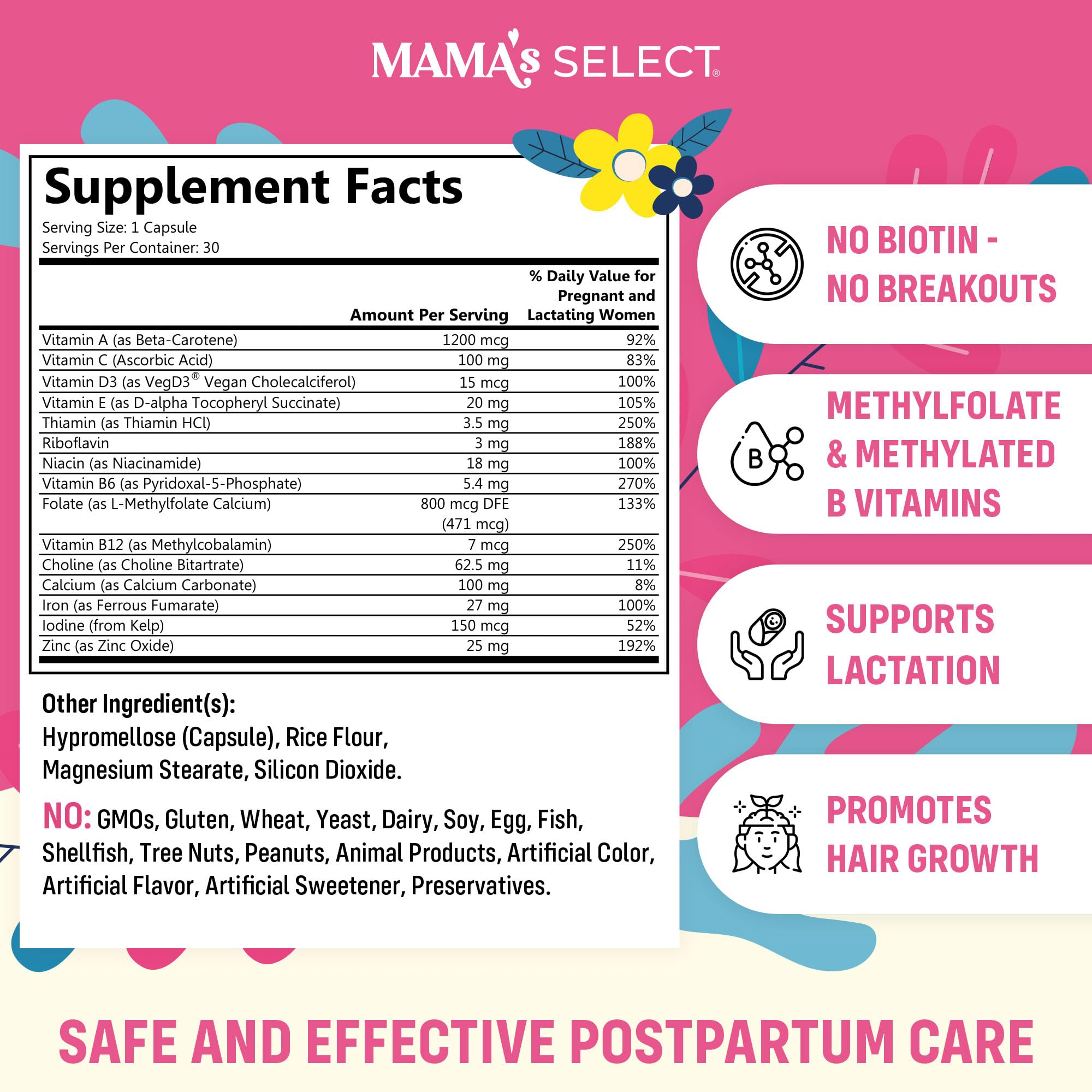 Mama's Select postnatal vitamins capsules showing easy-to-swallow vegan formulation.