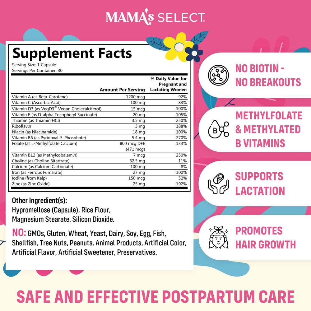 Mama's Select postnatal vitamins capsules showing easy-to-swallow vegan formulation.