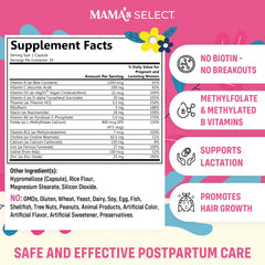 Mama's Select postnatal vitamins capsules showing easy-to-swallow vegan formulation.