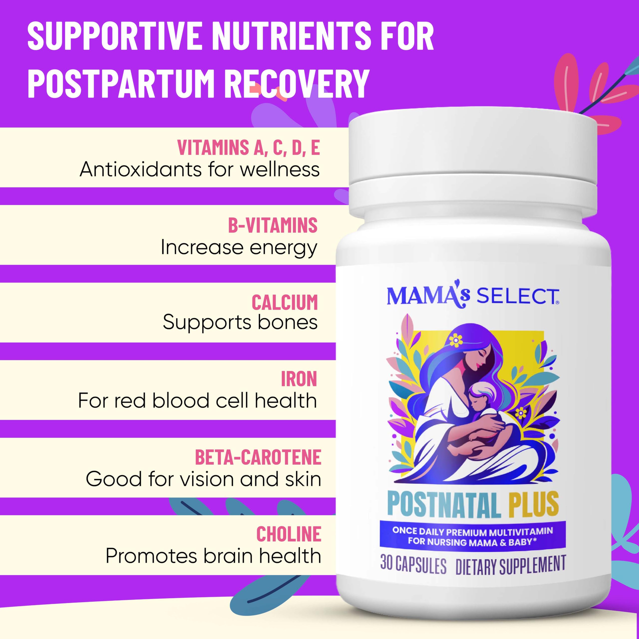 Mama's Select vitamins with methylated folate and B vitamins for daily energy.