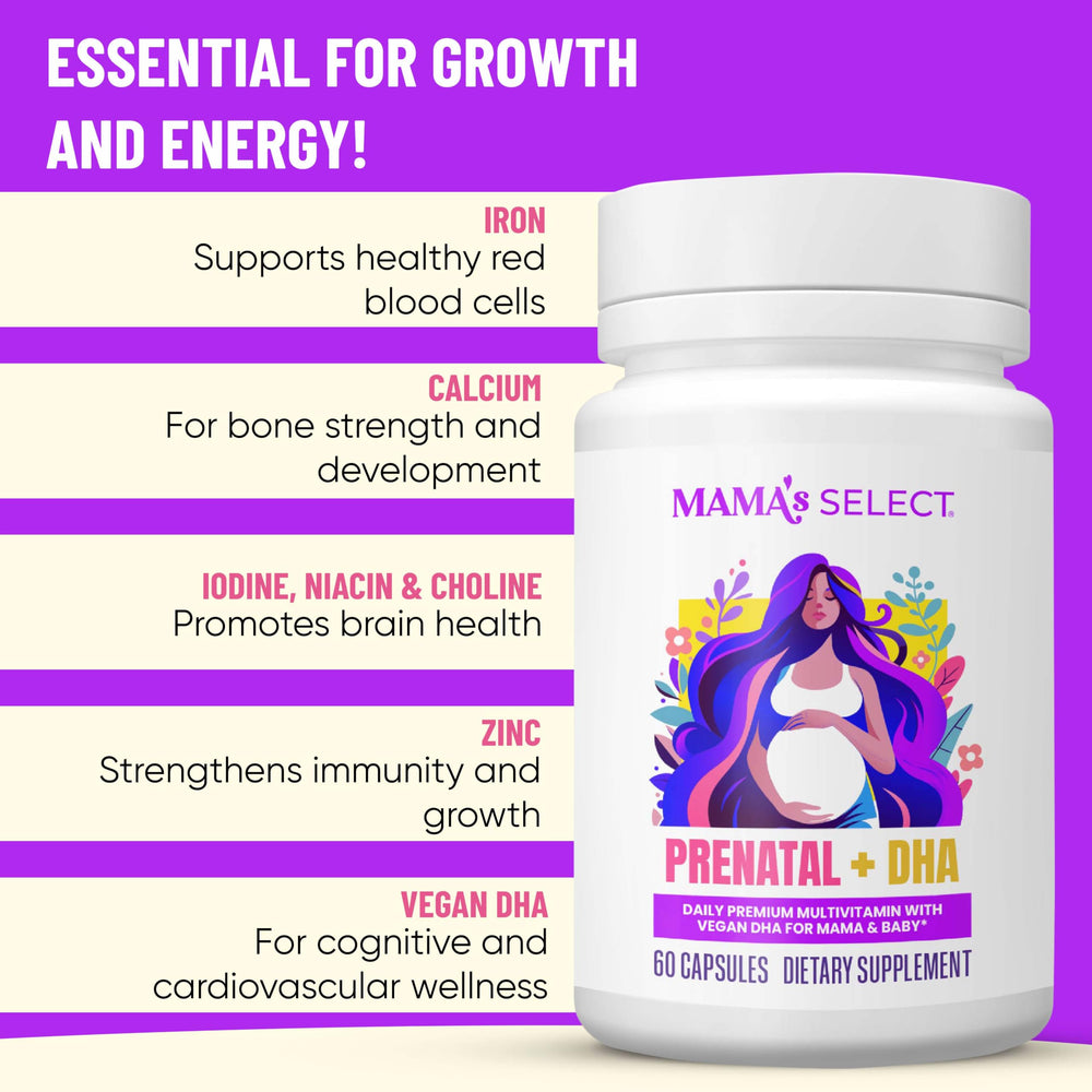 Mama's Select Prenatal No Biotin seal supports clear skin and comfort.