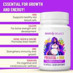 Mama's Select Prenatal No Biotin seal supports clear skin and comfort.